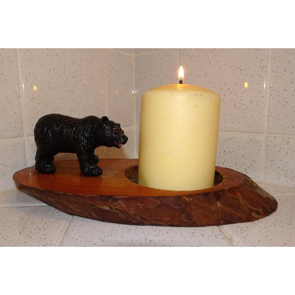 Vintage Log Slice Black Bear Candle Holder rustic primitive cabin decor man cave